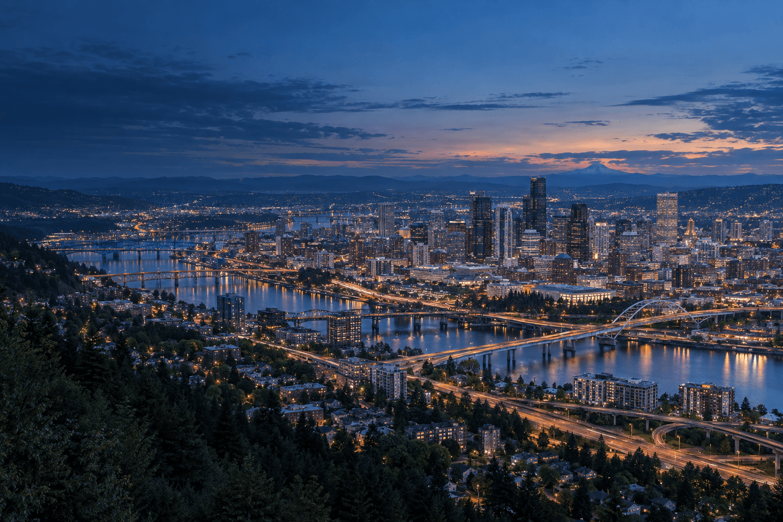 A city skyline, bridges, and connected roadways at blue hour