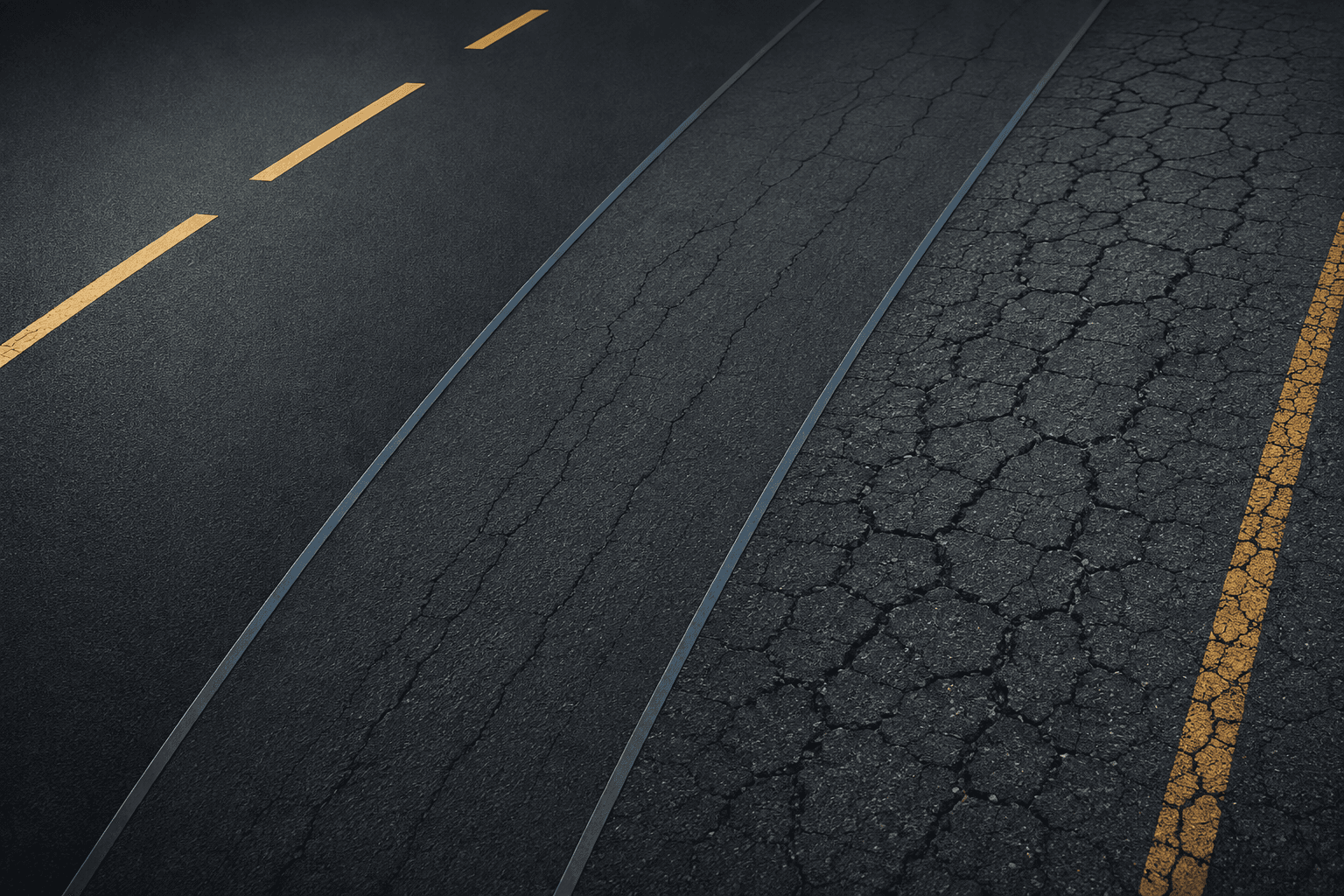 Pavement showing healthy and deteriorated condition
